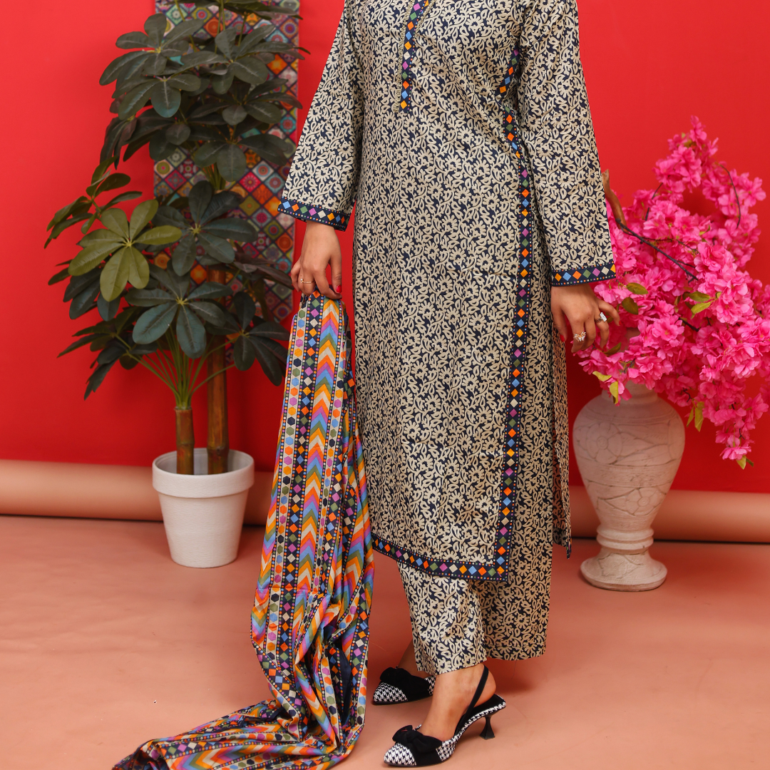 3 pc lawn printed black and white suit