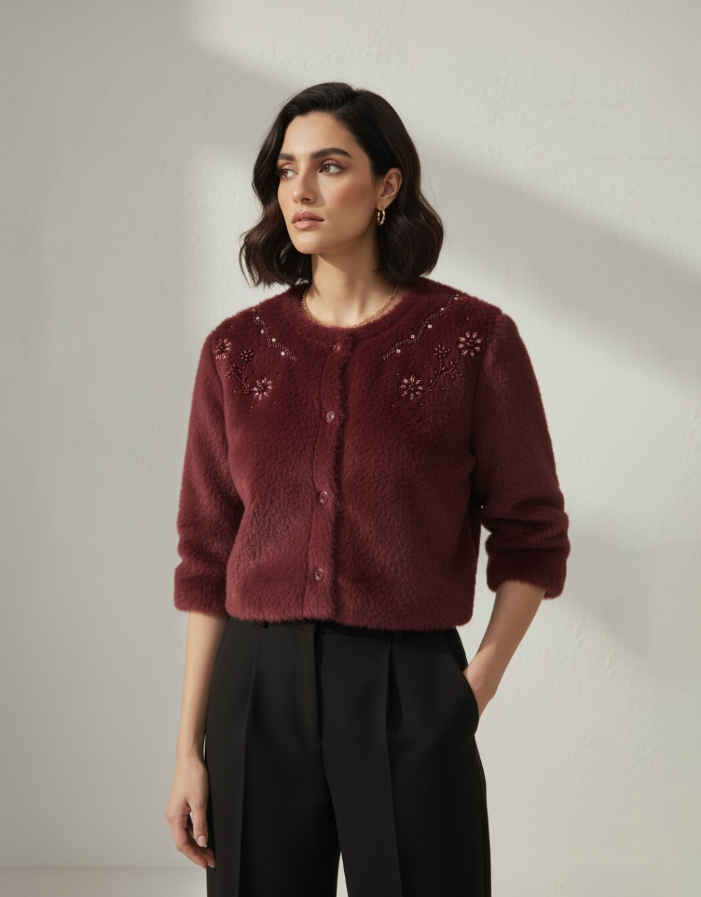 Mohair Blend Cropped Free Size Cardigan