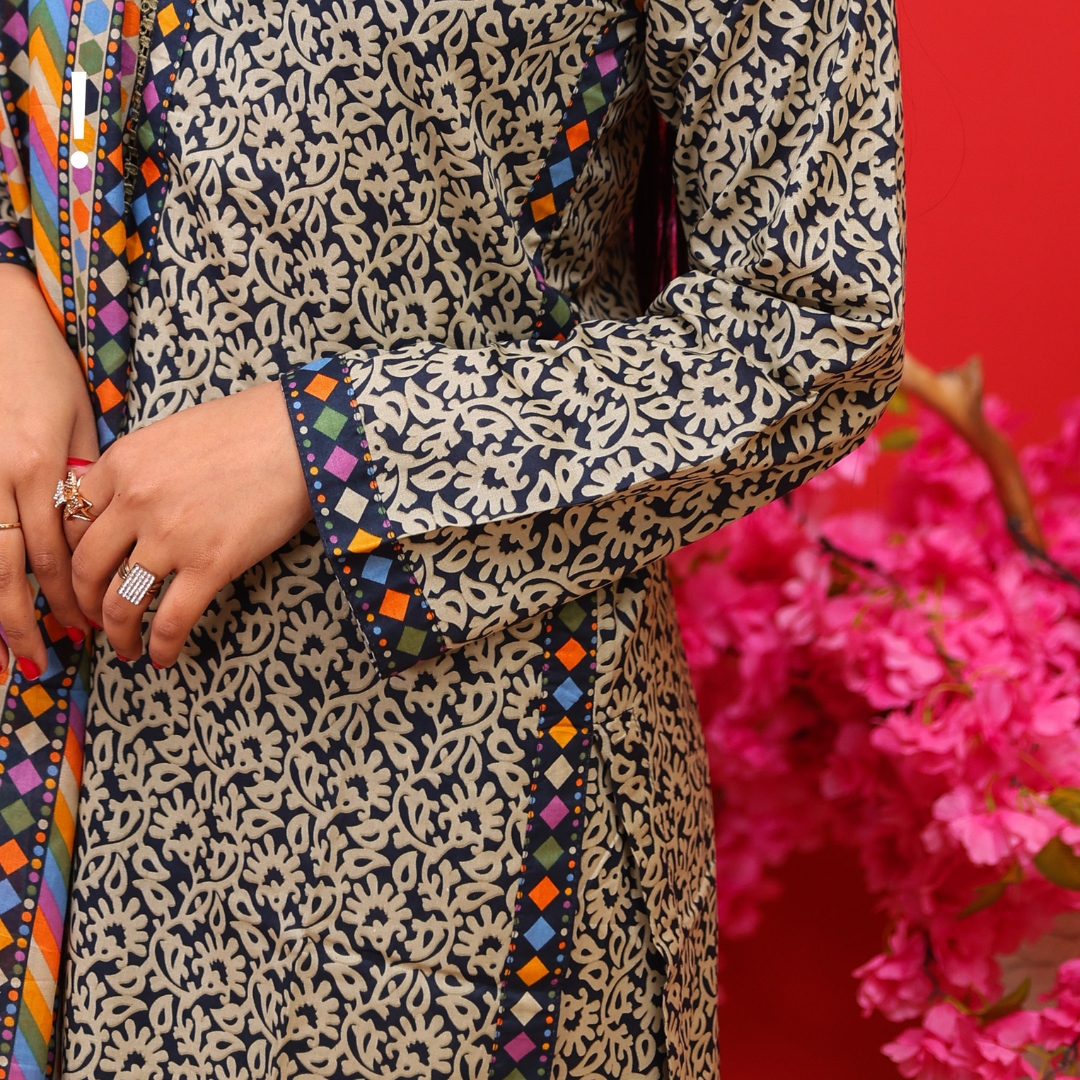 3 pc lawn printed black and white suit
