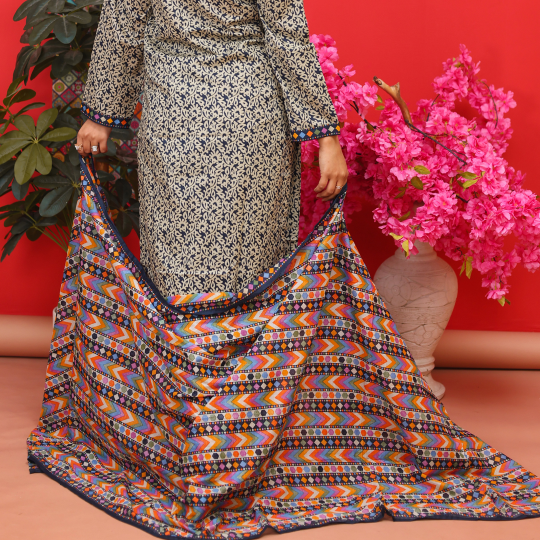 3 pc lawn printed black and white suit