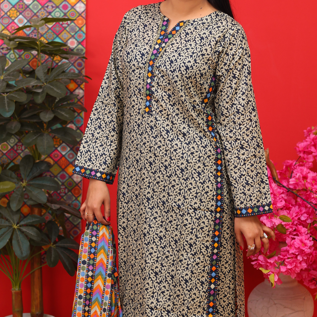 3 pc lawn printed black and white suit