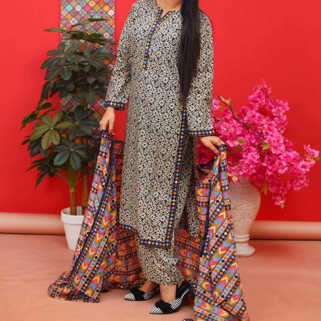 3 pc lawn printed black and white suit