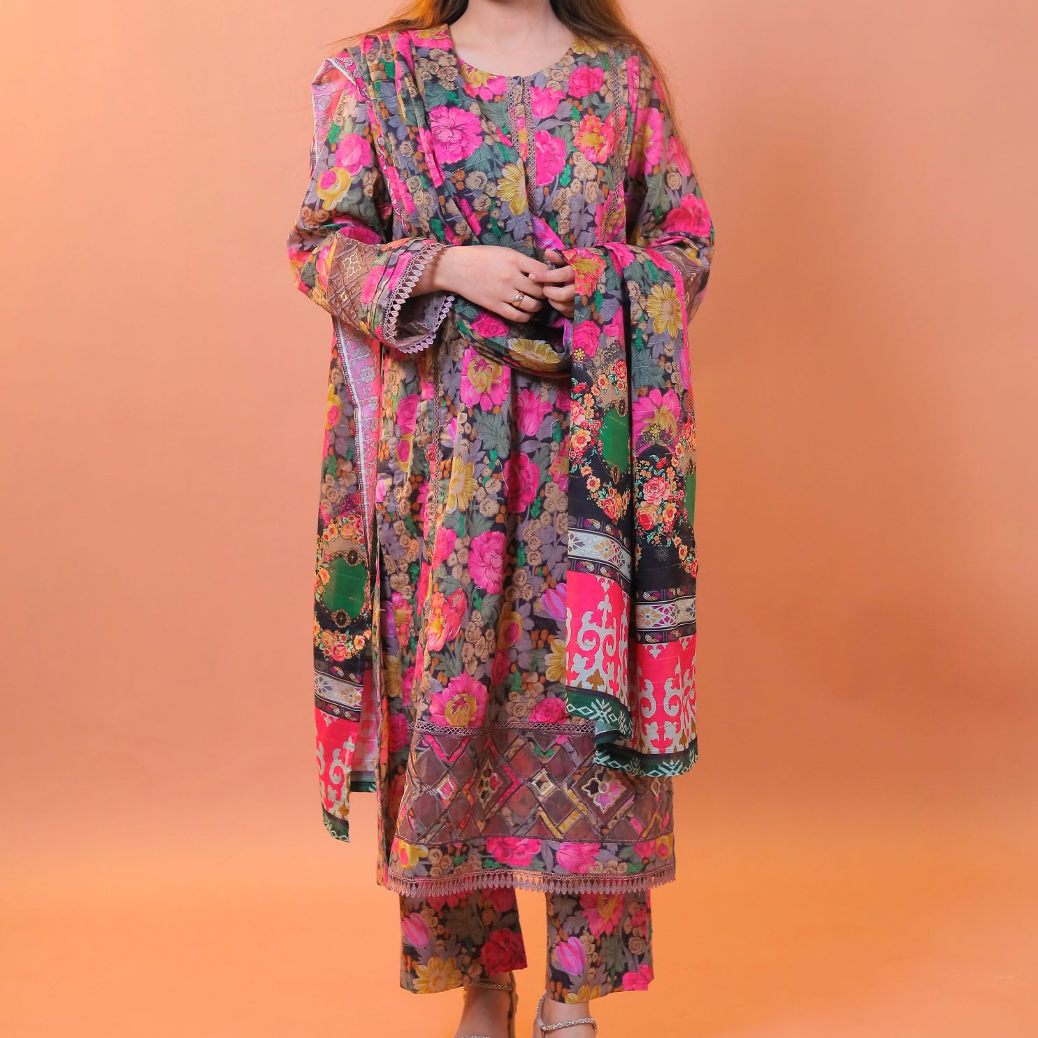 Beige 3pc Lawn Dress Stitched