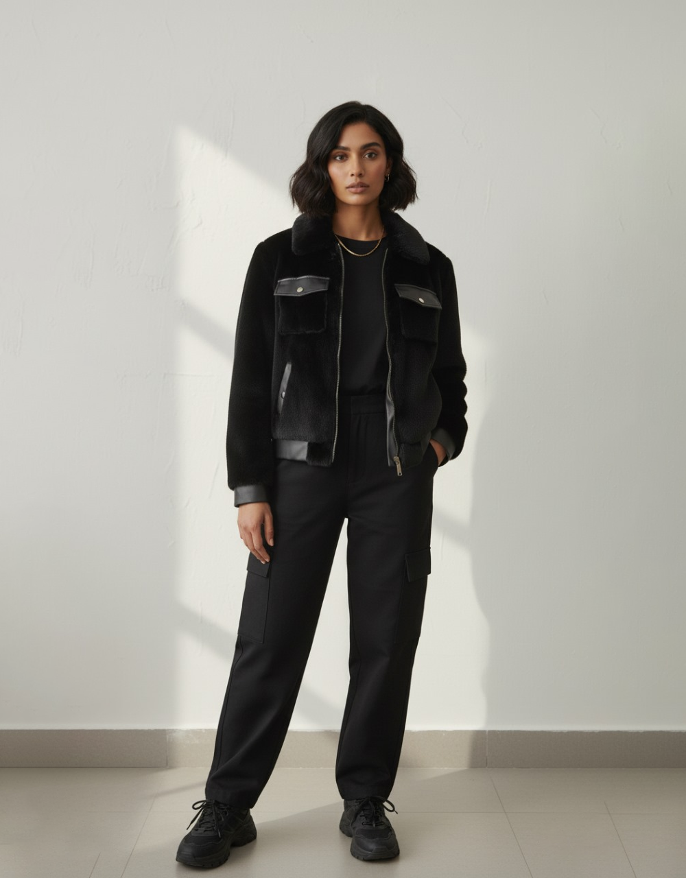 Short Faux Fur Leather Biker Jacket For Women