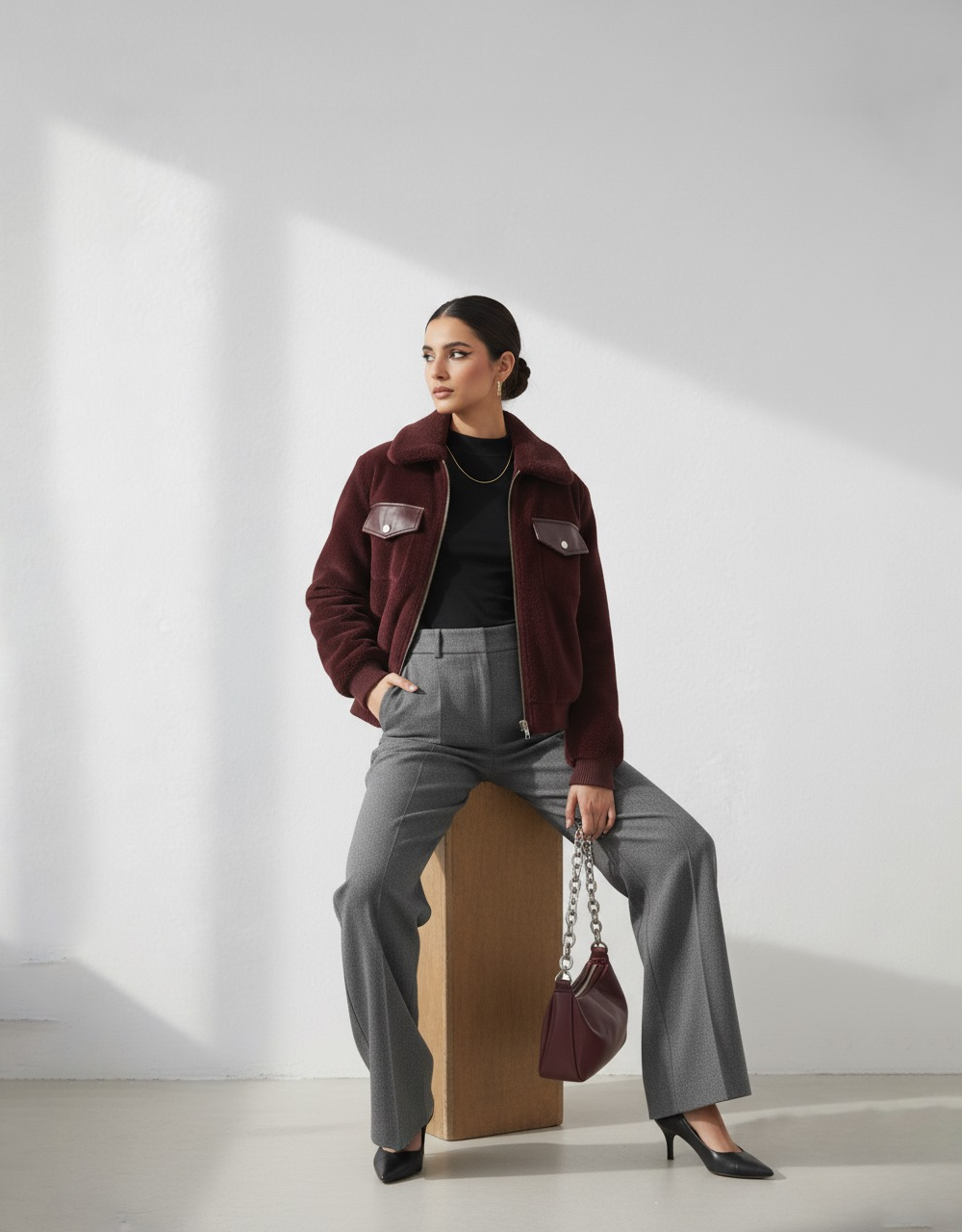 Short Faux Fur Leather Biker Jacket For Women