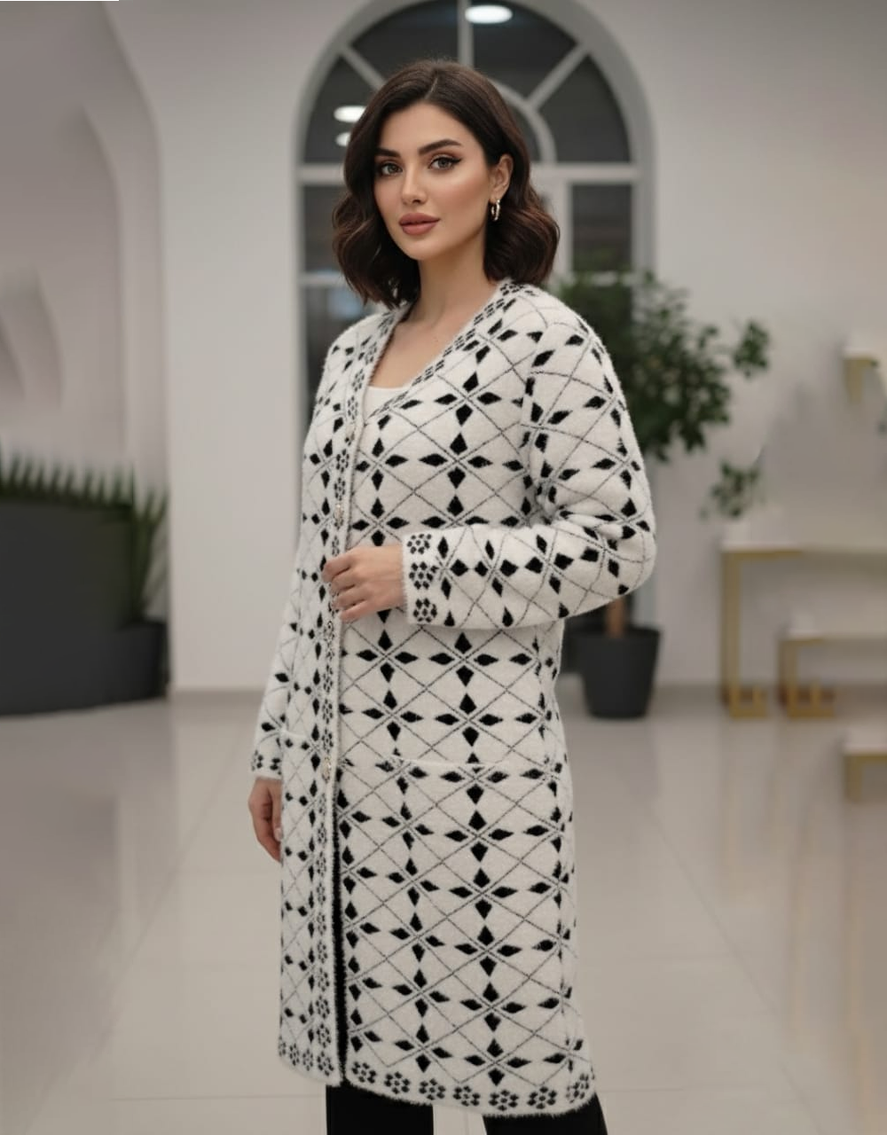 Diamond Pattern Sweater Coat