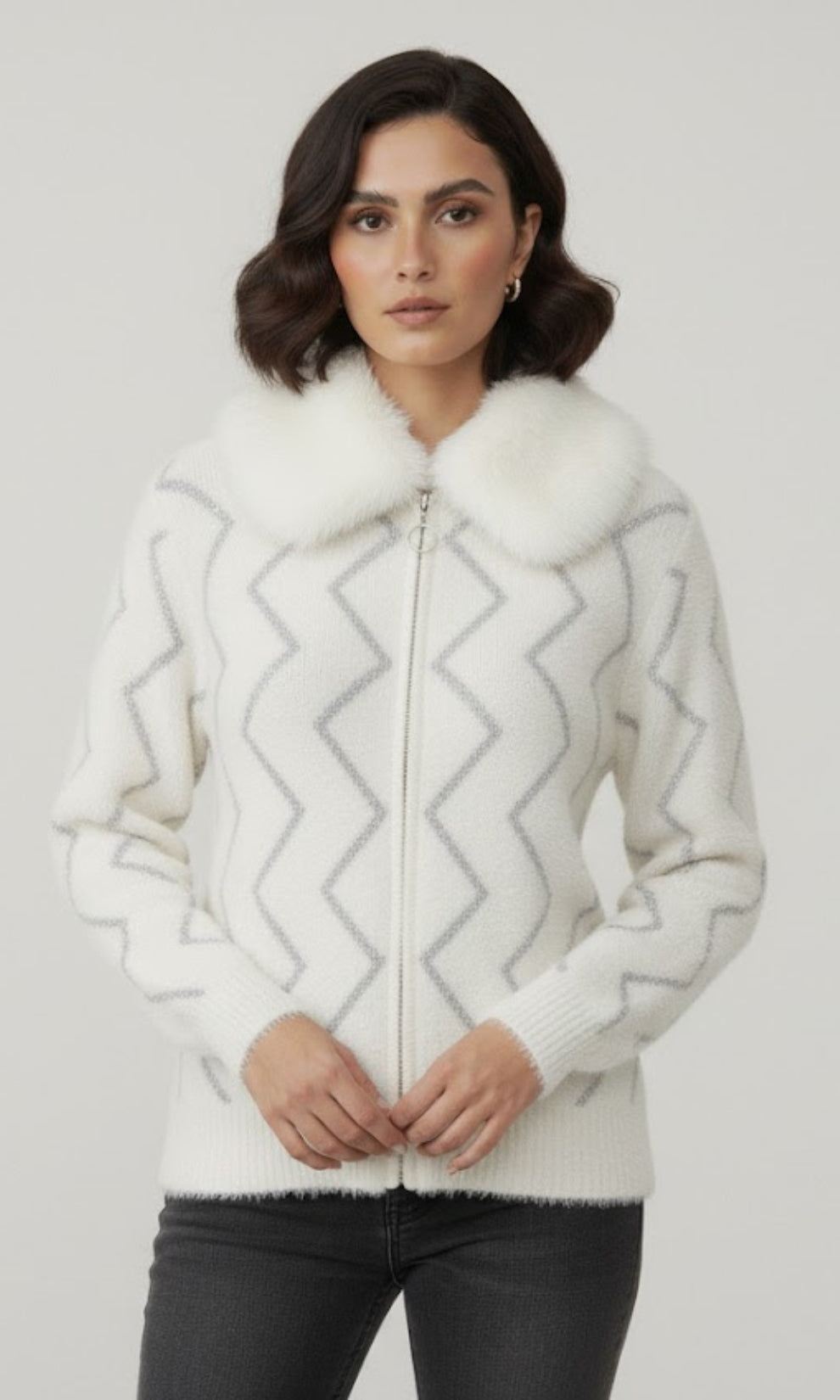 Luxe Zig-Zag Fluffy Knit Cardigan with Faux Fur Collar