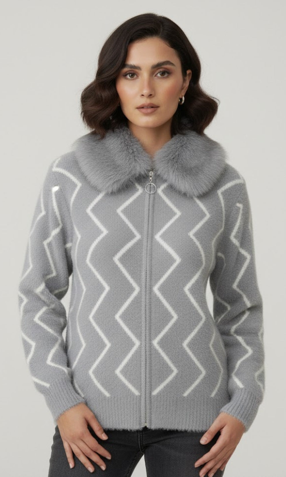 Luxe Zig-Zag Fluffy Knit Cardigan with Faux Fur Collar