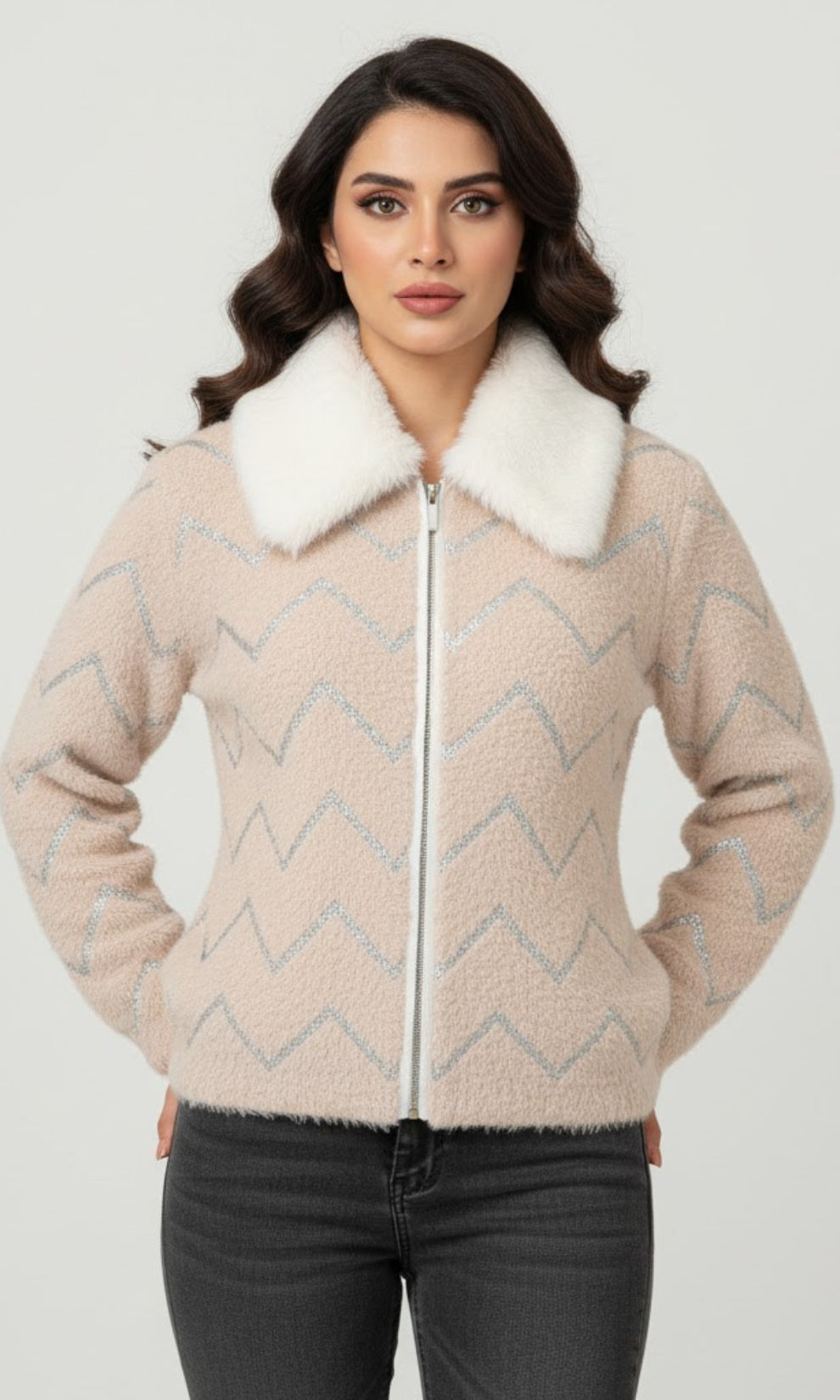 Luxe Zig-Zag Fluffy Knit Cardigan with Faux Fur Collar