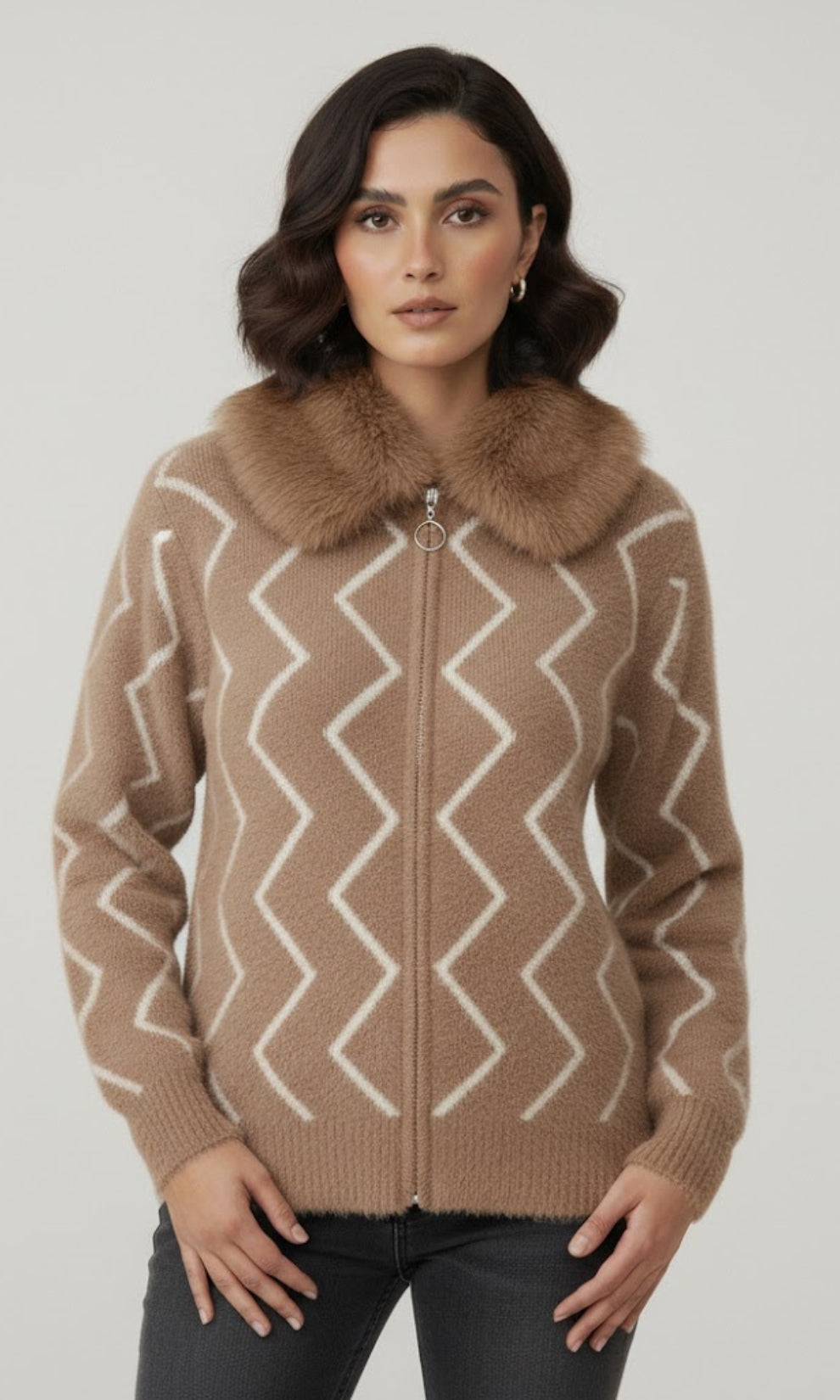 Luxe Zig-Zag Fluffy Knit Cardigan with Faux Fur Collar