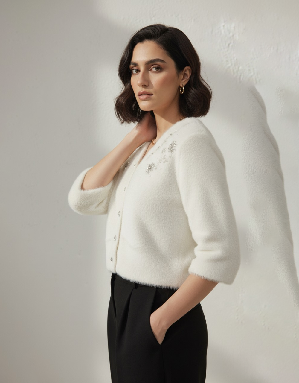 Mohair Blend Cropped Free Size Cardigan