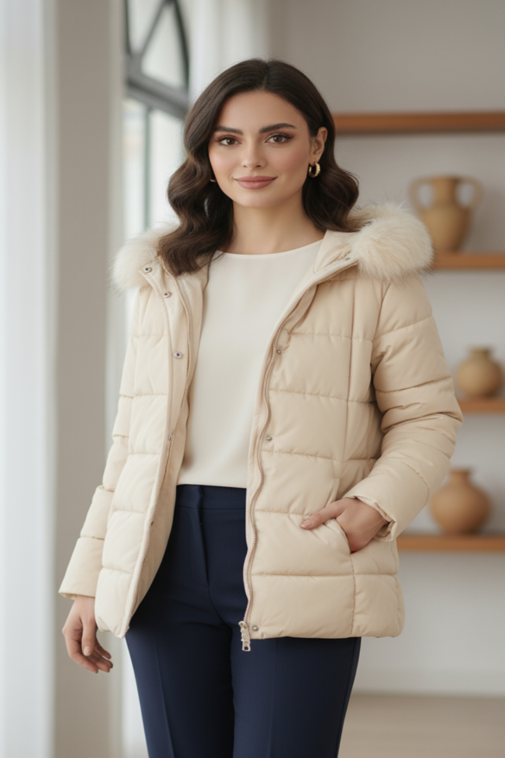 Women's Faux Fur Trim Hooded Puffer Jacket