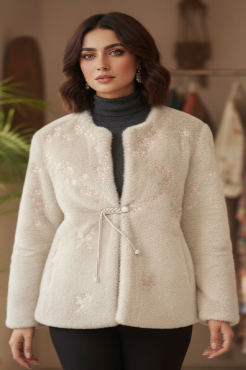 Chiffon Bloom Faux Fur Wrap Jacket