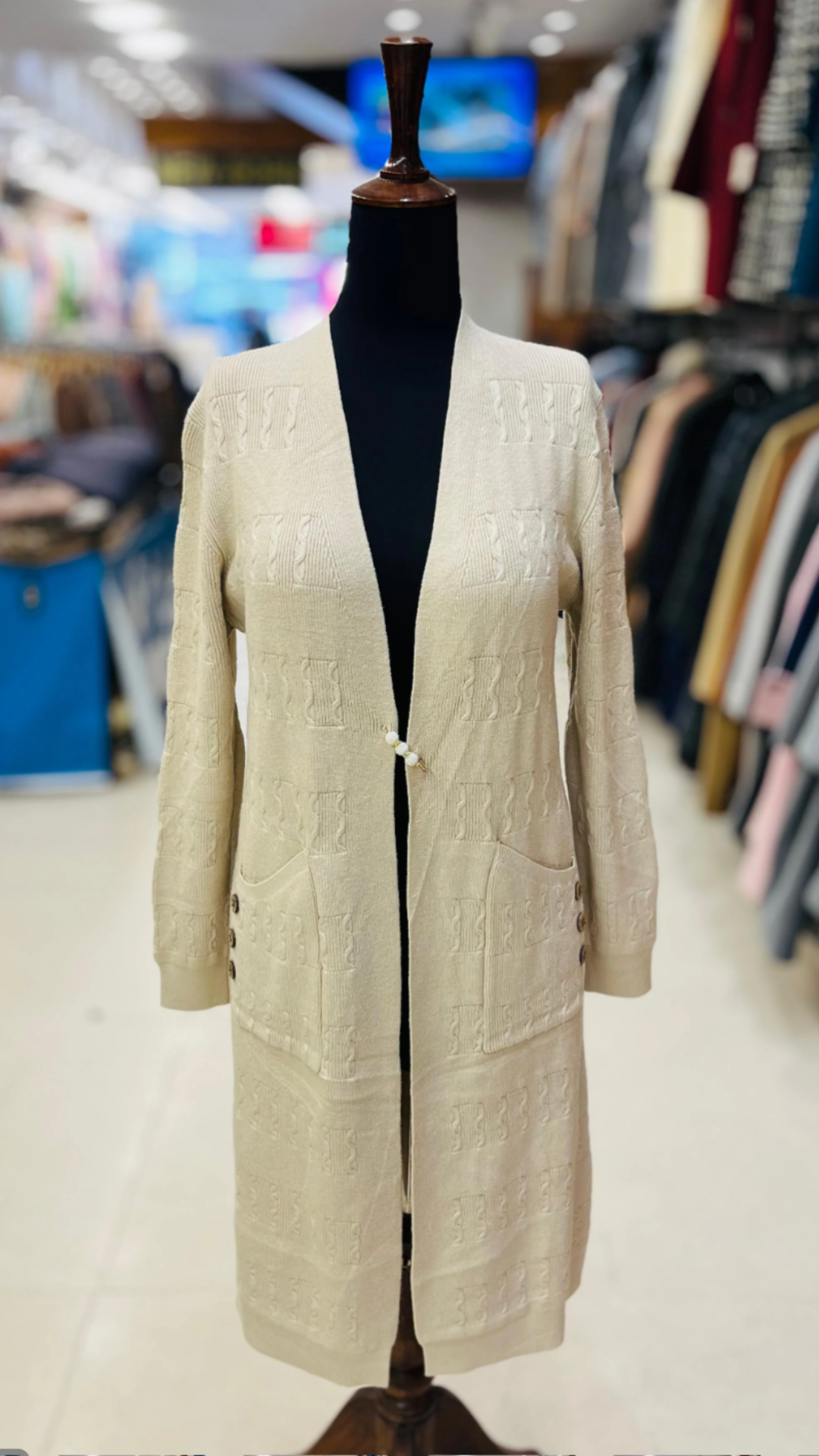 Longline Cable Knit Cardigan with Decorative Gold-Tone Buttons