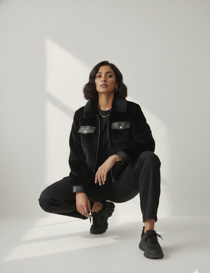 Short Faux Fur Leather Biker Jacket For Women