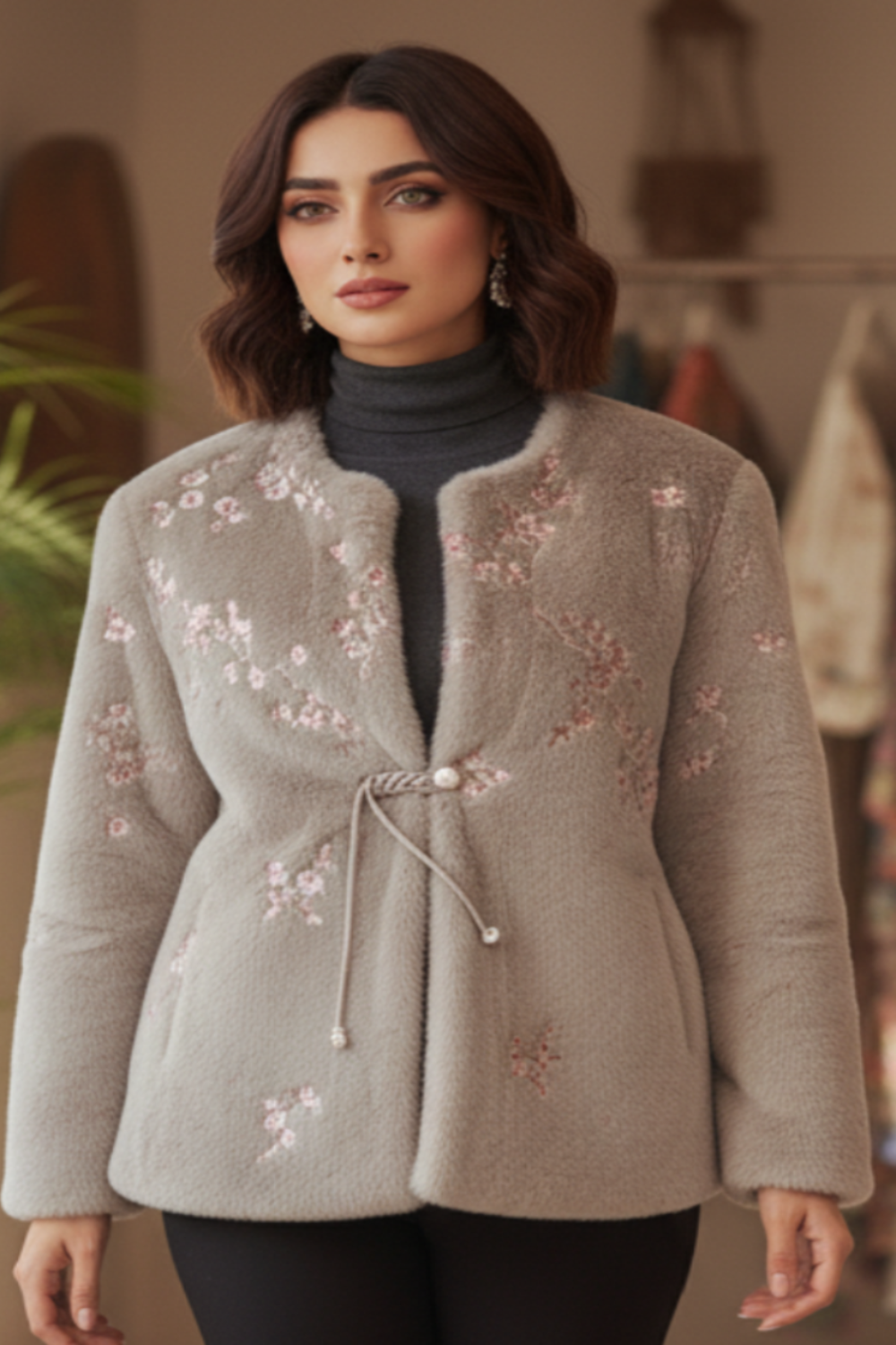 Chiffon Bloom Faux Fur Wrap Jacket