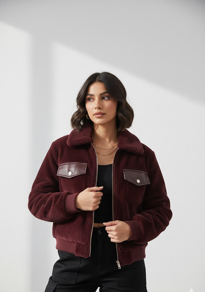 Short Faux Fur Leather Biker Jacket For Women