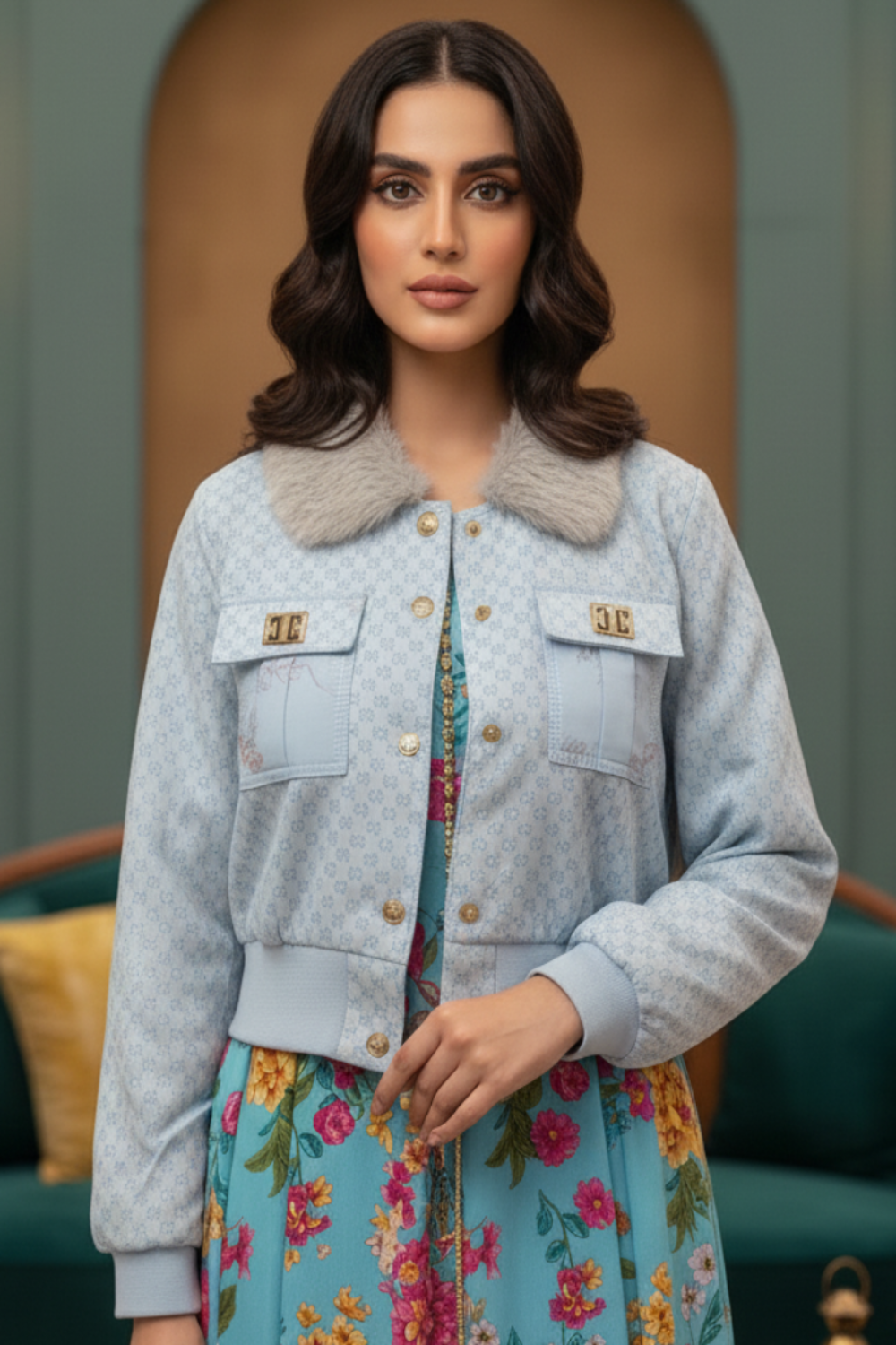 The 'Verdant Petal' Floral Maxi & Quilted Jacket Set