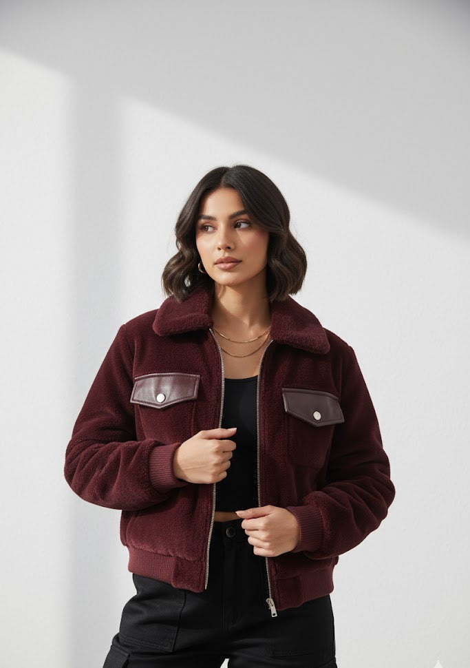 Short Faux Fur Leather Biker Jacket For Women