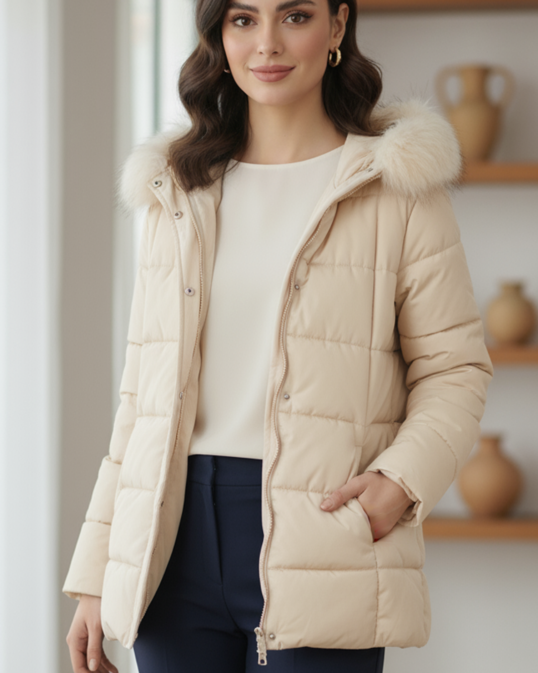 Women's Faux Fur Trim Hooded Puffer Jacket