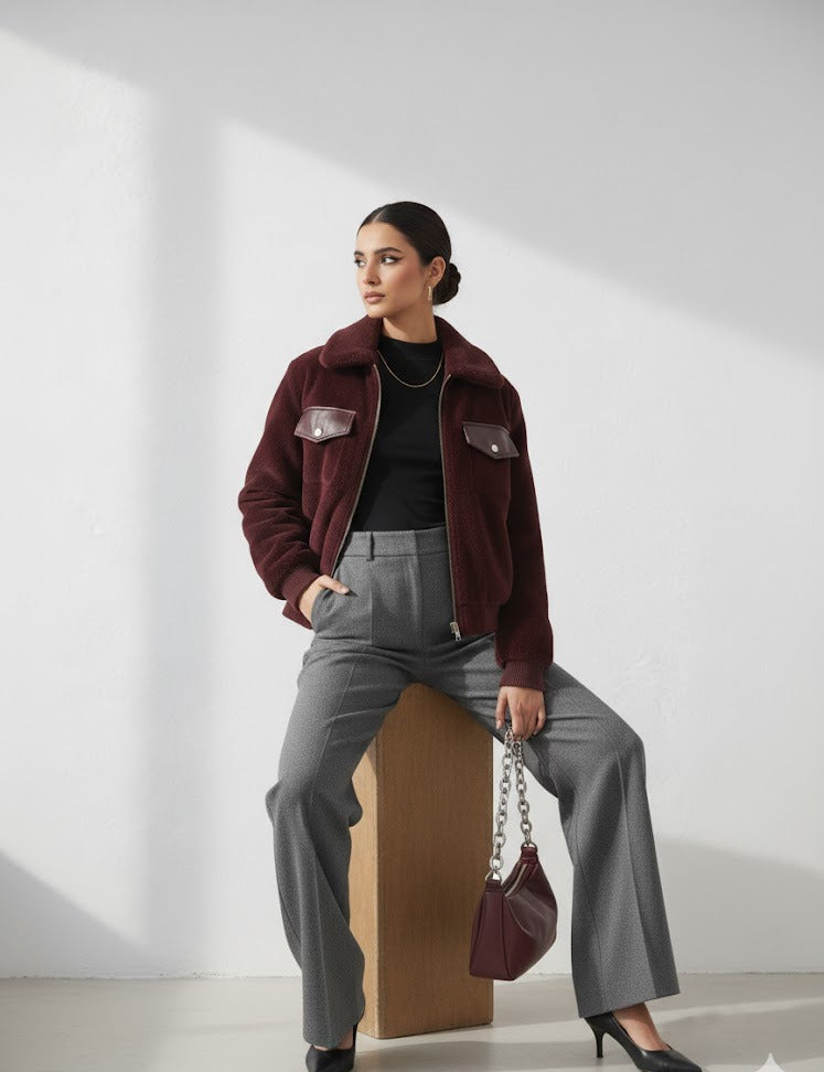 Short Faux Fur Leather Biker Jacket For Women