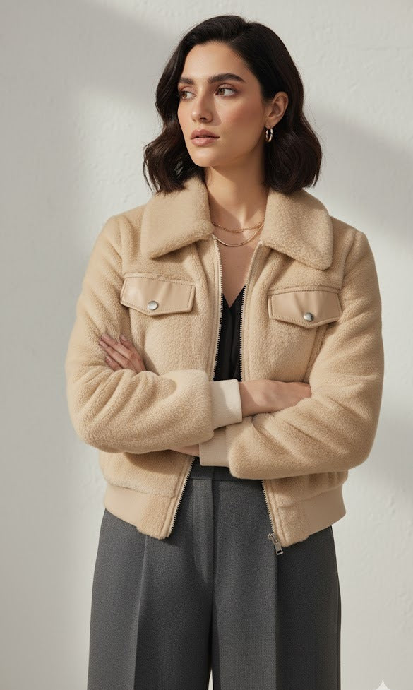 Short Faux Fur Leather Biker Jacket For Women