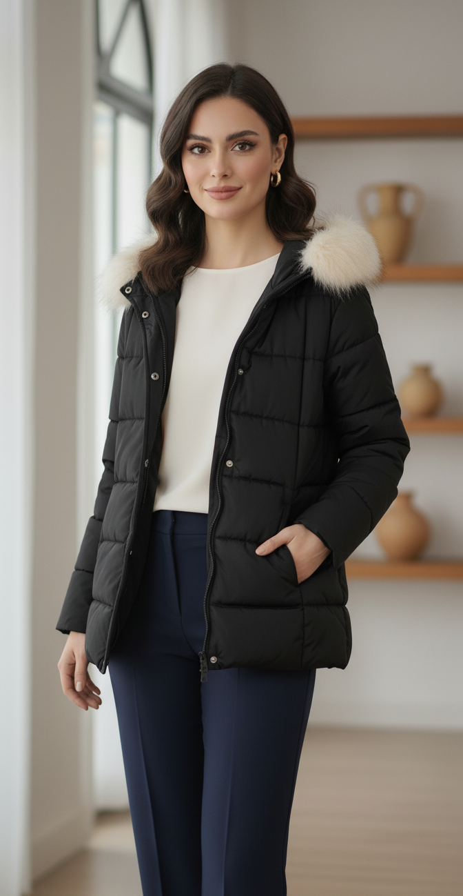 Women's Faux Fur Trim Hooded Puffer Jacket
