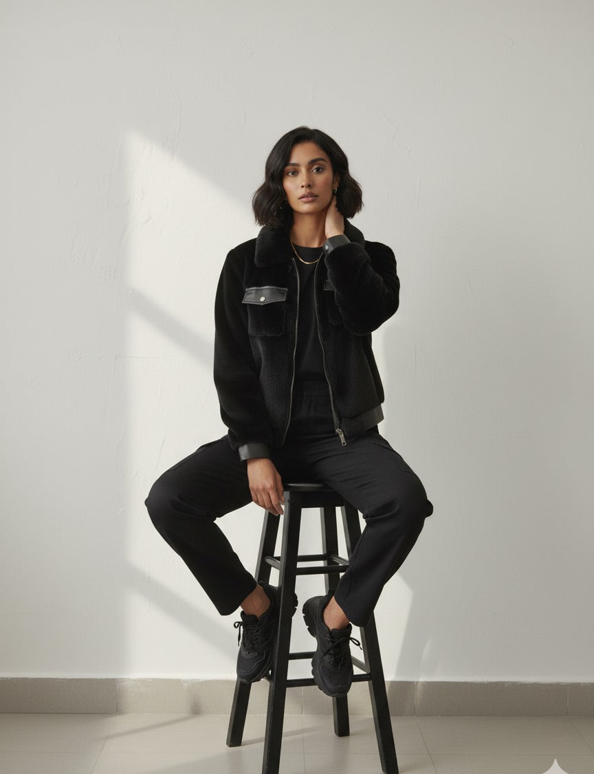 Short Faux Fur Leather Biker Jacket For Women