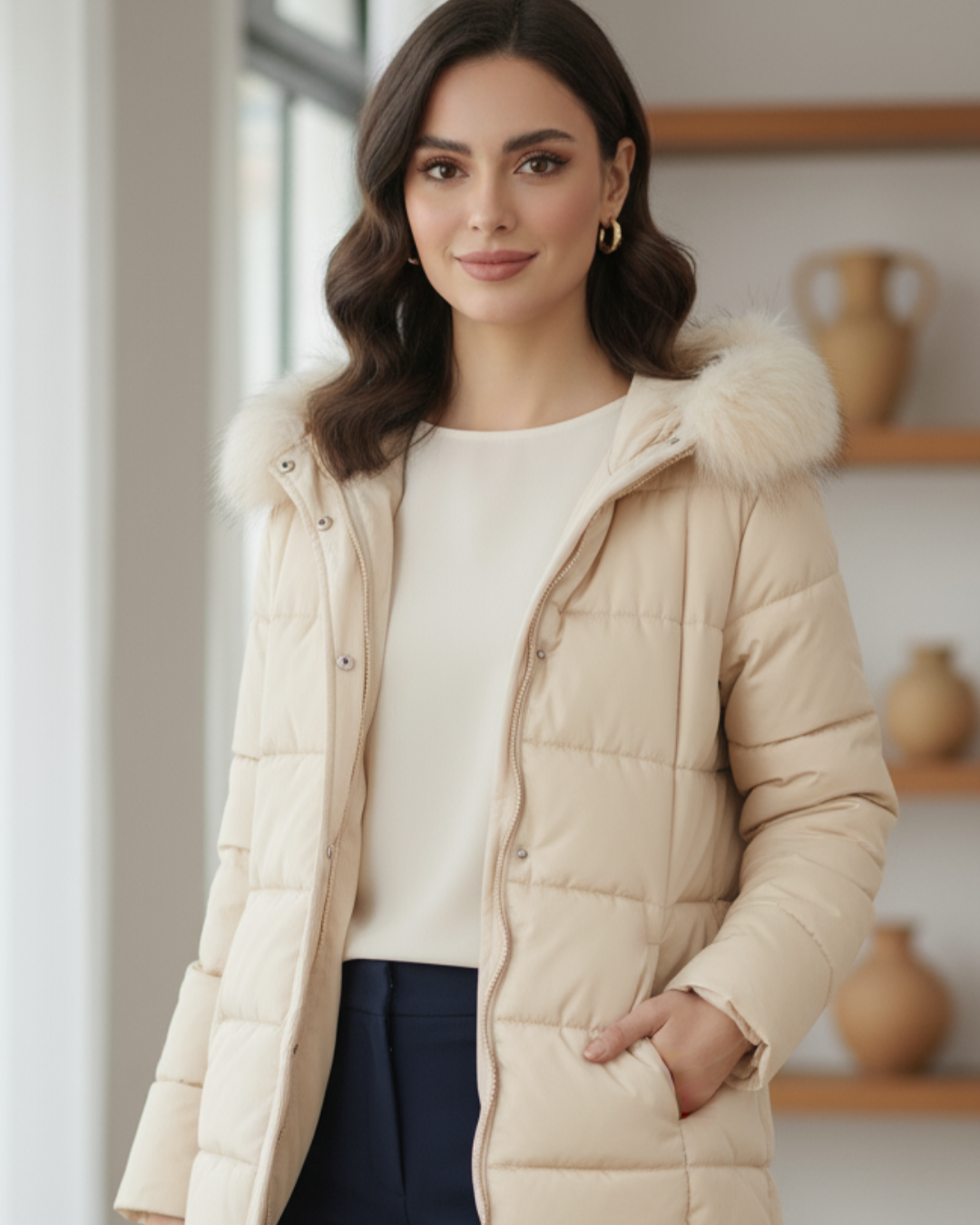 Women's Faux Fur Trim Hooded Puffer Jacket