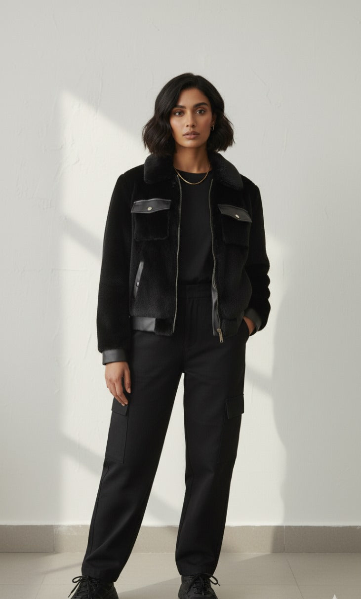 Short Faux Fur Leather Biker Jacket For Women