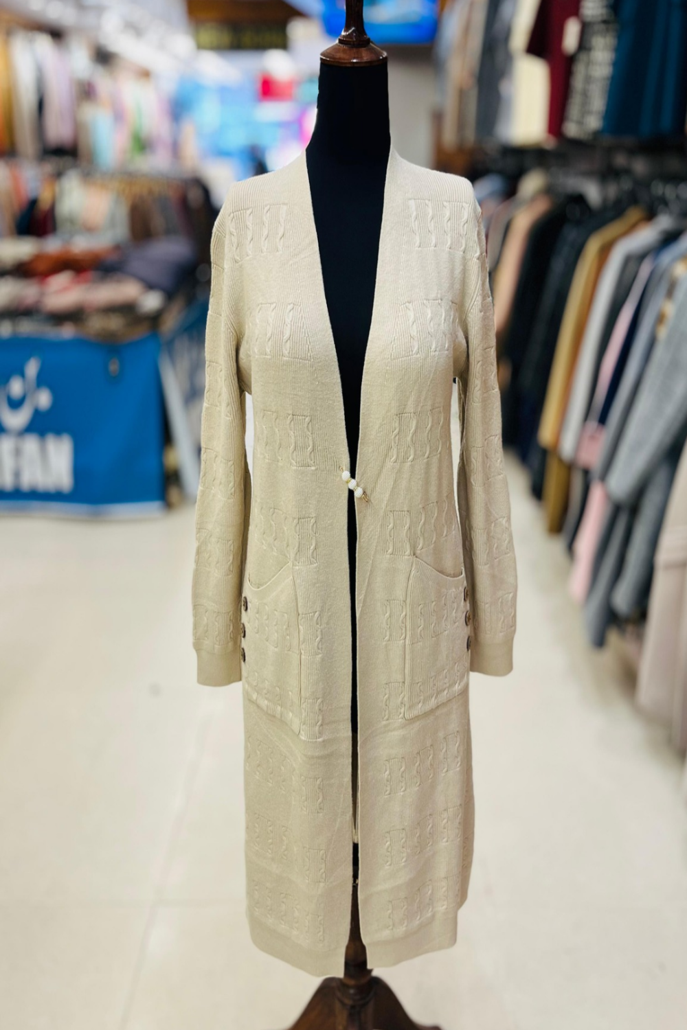 Longline Cable Knit Cardigan with Decorative Gold-Tone Buttons