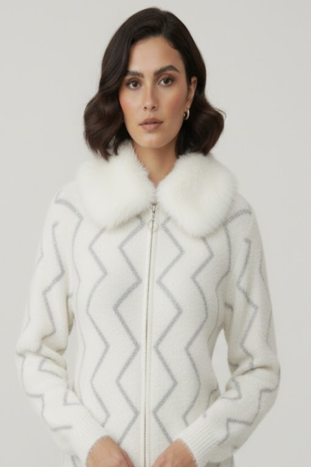 Luxe Zig-Zag Fluffy Knit Cardigan with Faux Fur Collar