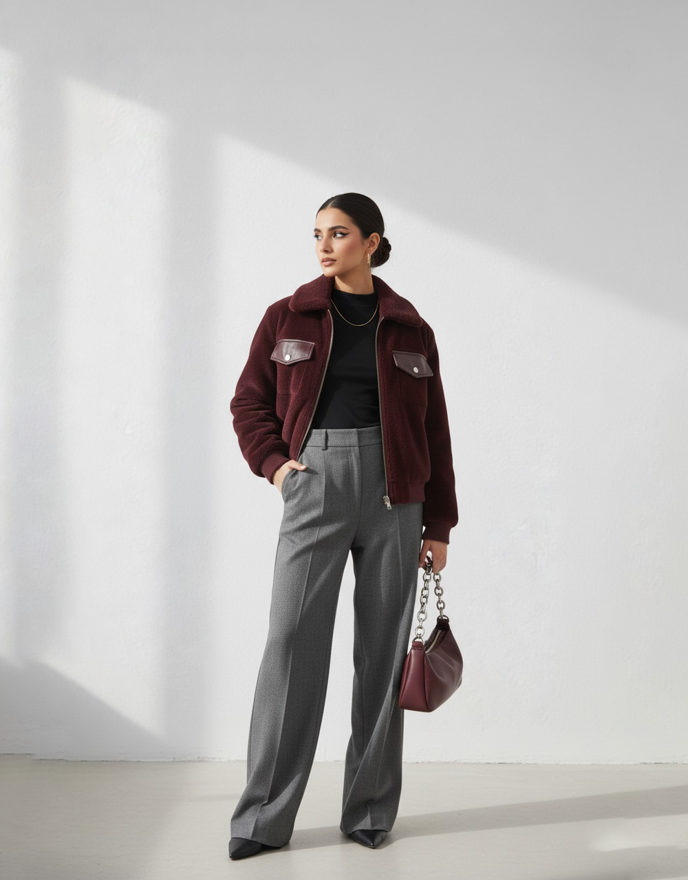 Short Faux Fur Leather Biker Jacket For Women